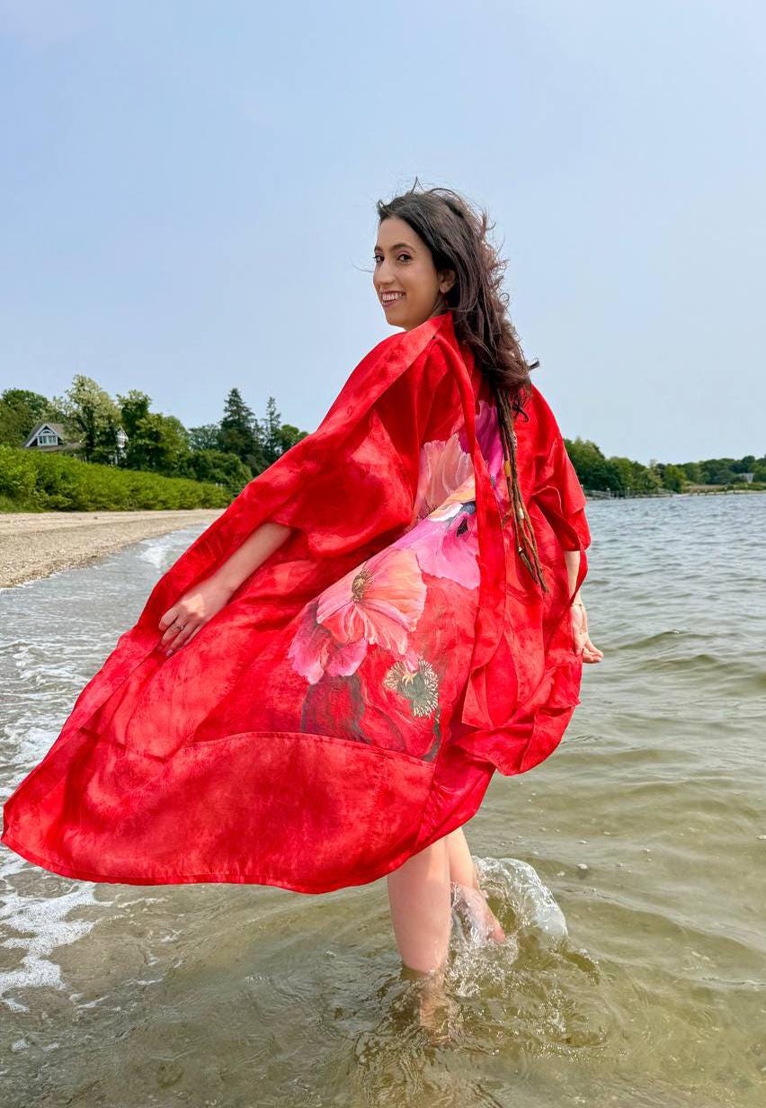 Red Silk Kimono Robe With Hand Painted Poppies – Floral Batik Luxury ...