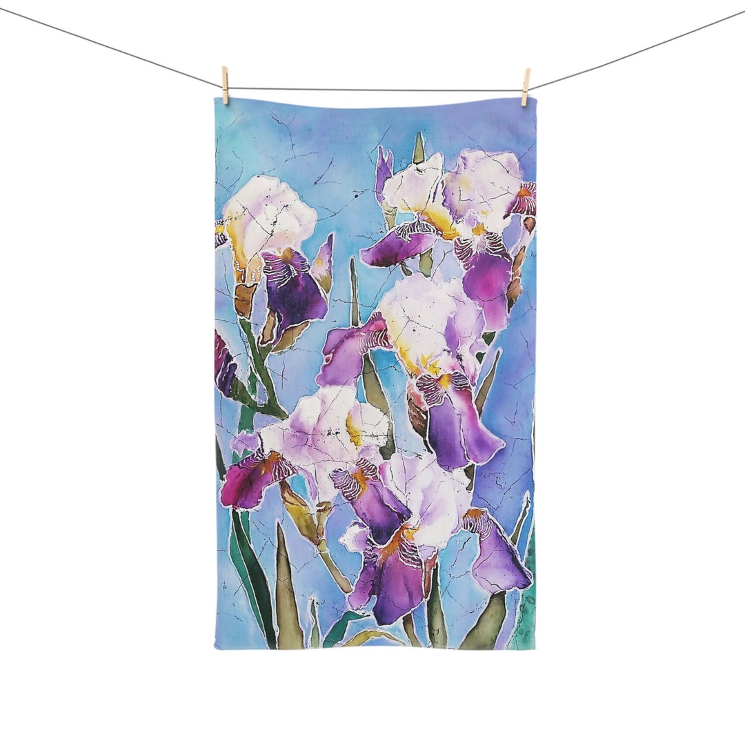 Iris Flowers Hand Towel Original Blue Irises Batik Art Print Farmhouse