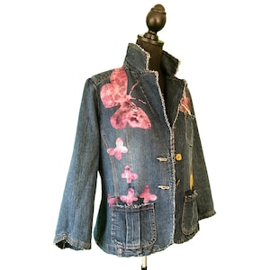 Denim jacket with hand dyed silk butterflies, art distressed jean blazer, reworked denim jacket upcycled fashion butterfly lover clothes