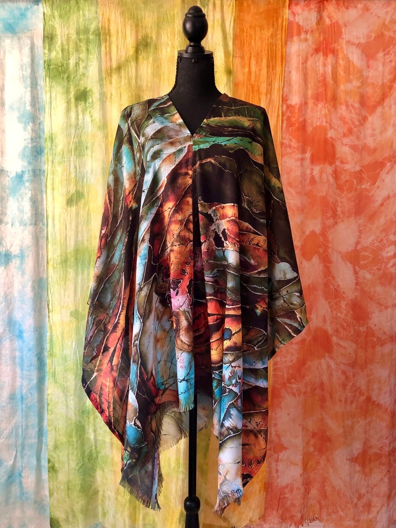 Green Brown botanical art cover up poncho tunic with original abstract Hosta plants batik art painting printed on lightweight faux pashmina fabric, universal cover up for women -  style it into poncho, off shoulder, tunic, wrap shawl, drape cloak.