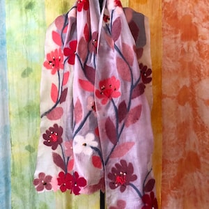 Soft pink floral felted scarf - natural wool delicate silk shawl, felted orchid flowers evening wrap, nuno felted scarf shawl gift for her