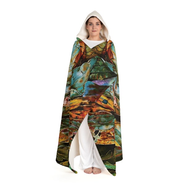 Blanket Hoodie Green Hosta Botanical Plant Pattern Abstract Hooded Sherpa Fleece Blanket Original Art Warm Comfy Hood Nature Blanket Gift