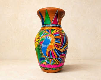 Hand-Painted Mexican Clay Vase, Nahuatl Folk Art, Colorful Pottery (Matte or Glossy)