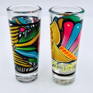 Hand-Painted Mexican Tequila Shot Glass – Unique Folk Art Glassware – Glossy Finish Mezcal Cup – Colorful Indigenous Bar Decor.