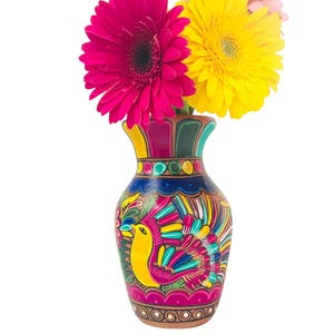 Hand-Painted Clay Vase: Mexican Folk Art Floral & Peacock Design