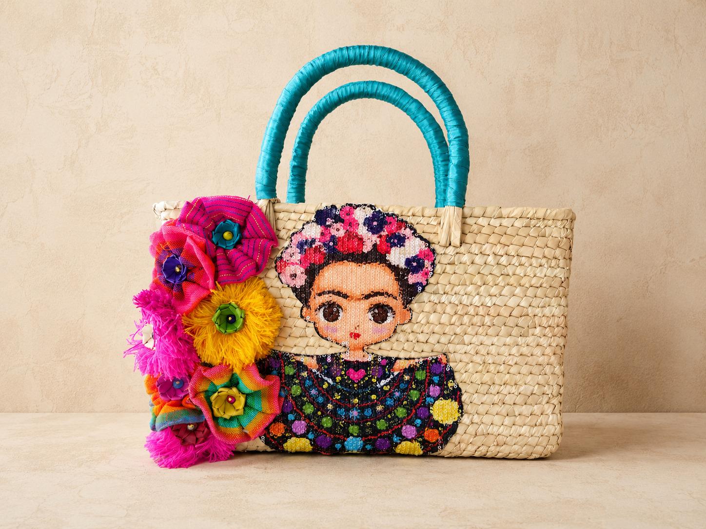 Handmade Mexican Palm Bag – Colorful Flowers & Playful Doll Patch