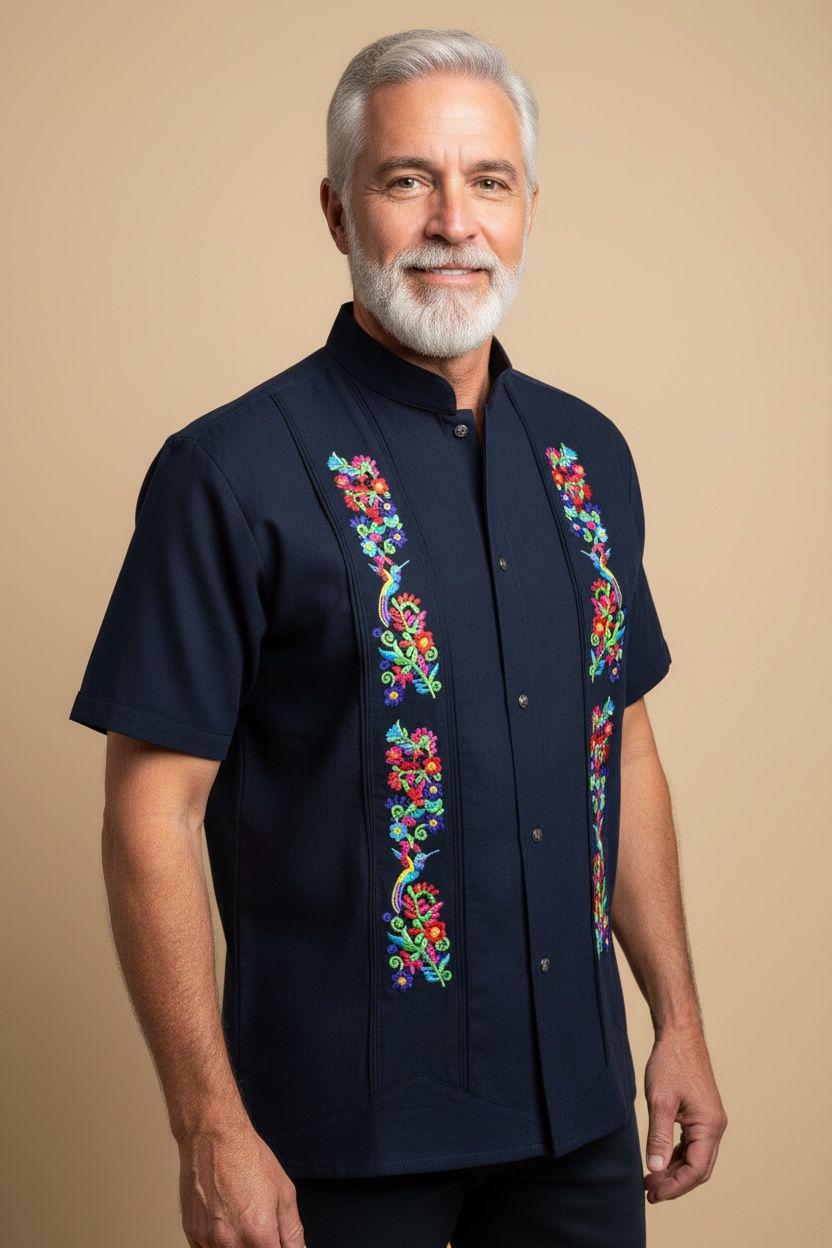 Men's Navy Blue Mexican Guayabera – Embroidered Short Sleeve Shirt