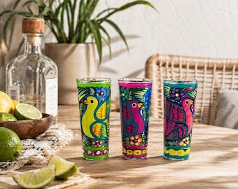 手描きのメキシコ産テキーラショットグラス：フォークアート風メスカル