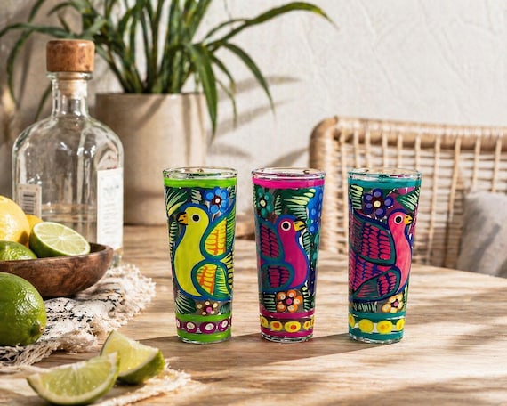 Hand-Painted Mexican Tequila Shot Glass: Folk Art Mezcal Cup