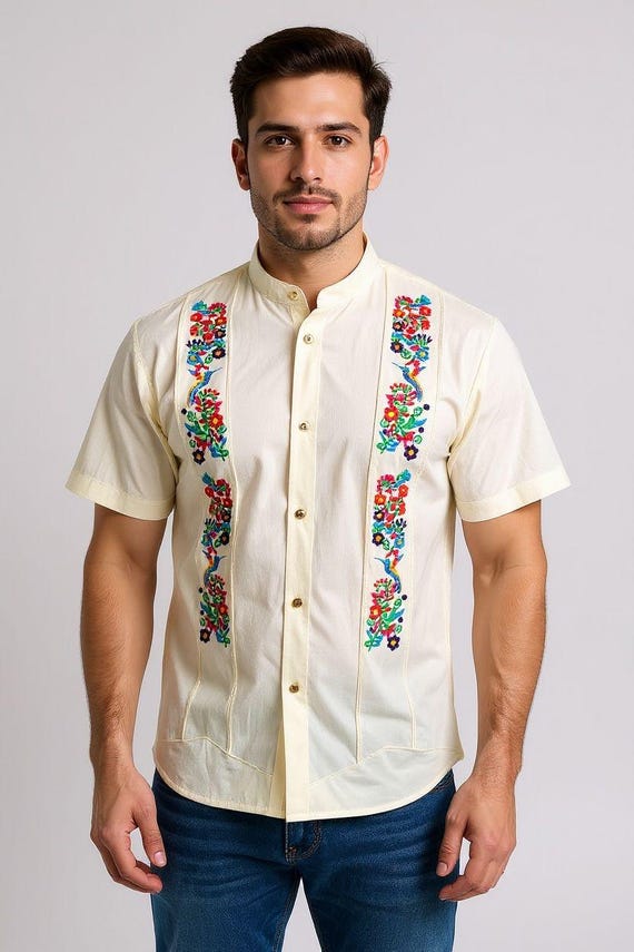 Men's Ivory Mexican Guayabera - Embroidered Short Sleeve Shirt. Men's Ivory Mexican Guayabera - Embroidered Short Sleeve Shirt.