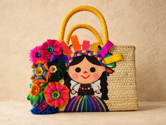 Handmade Mexican Palm Bag – Colorful Flowers & Playful Doll Patch