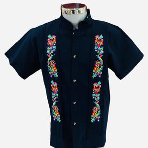 Men’s Navy Blue Mexican Guayabera – Embroidered Short Sleeve Shirt.