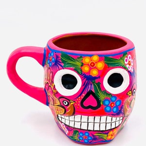hand painted skull clay mug mexican folk art day of the dead style  handmade by indigenous artisans