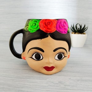 hand painted clay mug mexican folk art indigenous handmade pottery unique floral face design