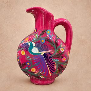 Hand-Painted Mexican Clay Pitcher, Colorful Folk Art Jug, Mexican Pottery from Guerrero, Floral Bird Design, Glossy Finish.