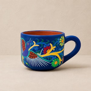 Hand-Painted Mexican Clay Mug – Colorful Folk Art Coffee Cup from Guerrero, Mexico.