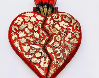 Hand-carved Wooden Milagro Heart – Mexican Sacred Heart Folk Art