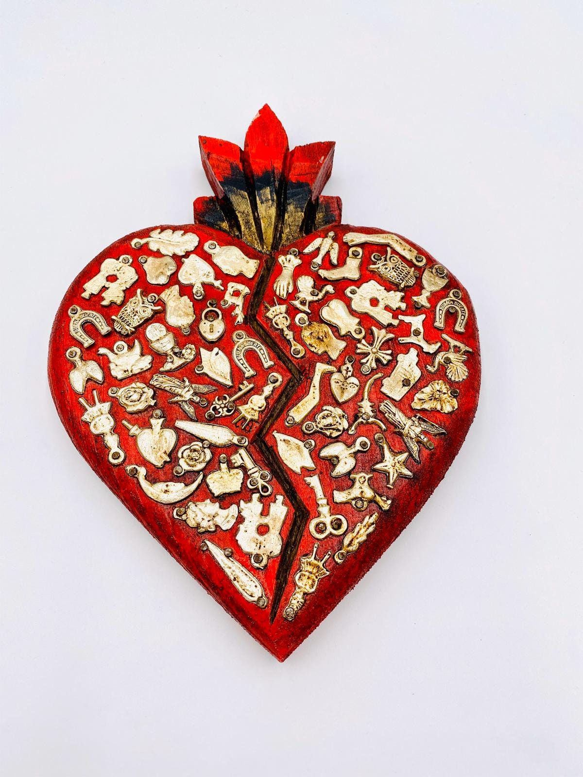 Hand-carved Wooden Milagro Heart – Mexican Sacred Heart Folk Art