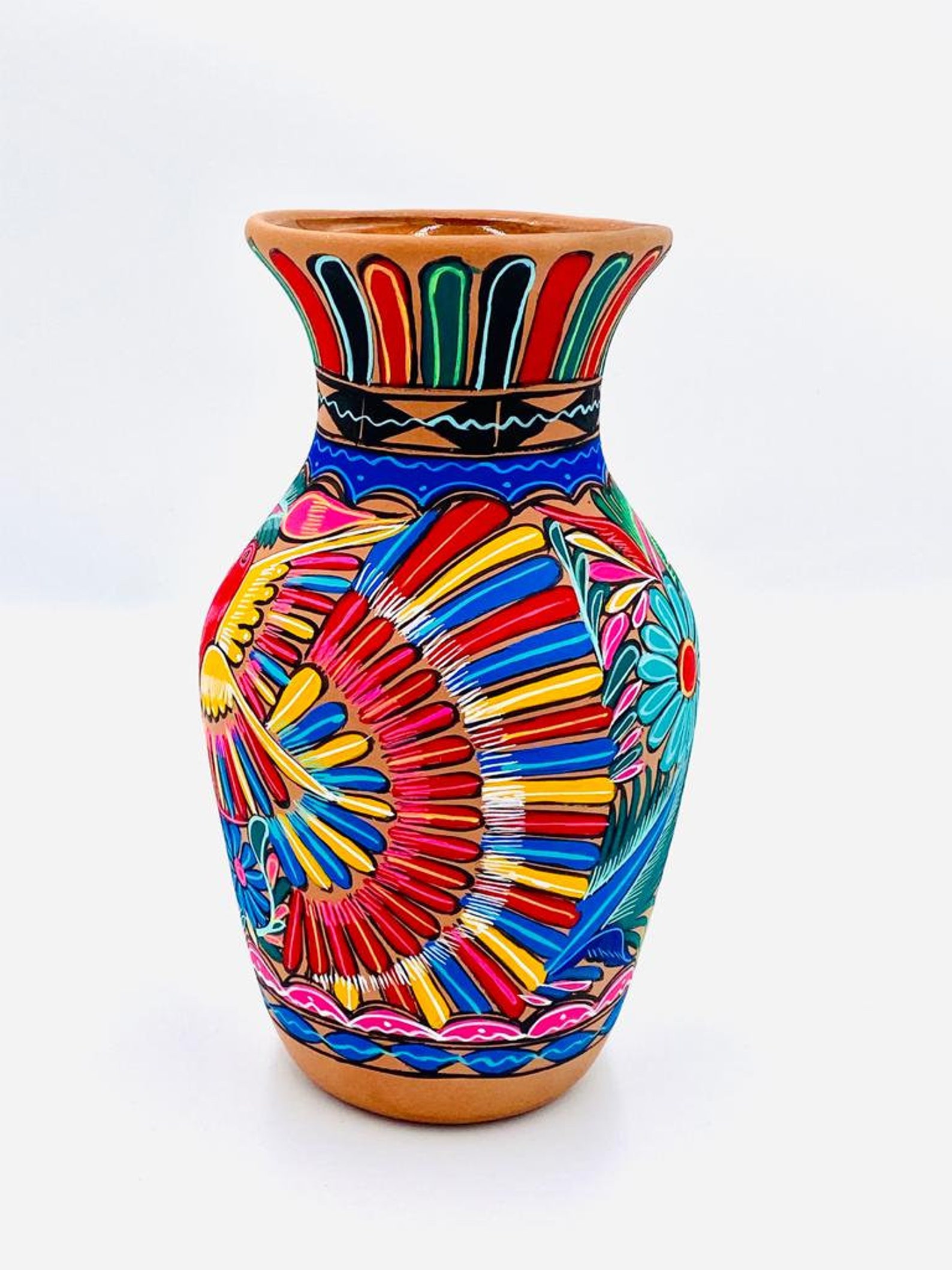 Vase made of clay hand painted by mexican indigenous in bright Etsy