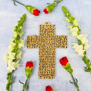 wooden cross compressed with the prayer of our father in spanish or english. Wooden Cross Our Father.