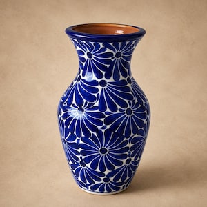 以下が含まれることがあります： 丸みを帯びた胴体と広がった口縁を持つ陶器製の花瓶。外側は、白い背景に濃い青色の花びらのような形が繰り返される模様で装飾されています。花瓶の内側は、自然な赤茶色の粘土の色が見えています。