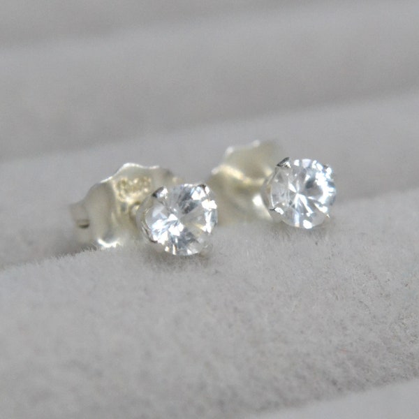 Ceylon White Sapphire 3mm stud earrings in solid 925 sterling silver. Genuine heat treat only Sri Lankan Sapphires. September birthstone