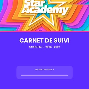Peut inclure: Un carnet Star Academy avec un graphique en étoile arc-en-ciel vibrant en haut. La couverture est violette et présente le texte CARNET DE SUIVI, SAISON 14, 2026-2027, CE CARNET APPARTIENT À, ainsi que mes favoris, mes classements, mes souvenirs.