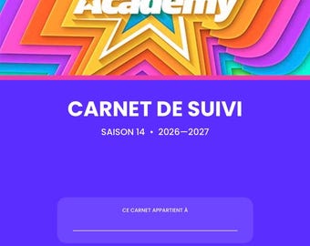 Peut inclure: Un carnet Star Academy avec un graphique en étoile arc-en-ciel vibrant en haut. La couverture est violette et présente le texte CARNET DE SUIVI, SAISON 14, 2026-2027, CE CARNET APPARTIENT À, ainsi que mes favoris, mes classements, mes souvenirs.