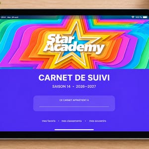 Può includere: Un tablet che mostra un taccuino di monitoraggio digitale Star Academy per la stagione 14, 2026-2027. Lo schermo presenta una grafica a stella a strati colorati, il testo CARNET DE SUIVI, un campo CE CARNET APPARTIENT À e sezioni per preferiti, classifiche e ricordi.