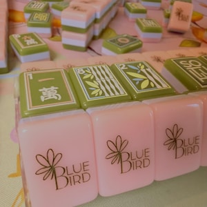 Puede incluir: Un conjunto de fichas de Mahjong en tonos rosa, verde y blanco. Algunas fichas presentan caracteres chinos y dise&ntilde;os de bamb&uacute;, mientras que otras muestran el texto "BLUE BIRD" con un gr&aacute;fico floral. Las fichas est&aacute;n dispuestas sobre una superficie estampada.