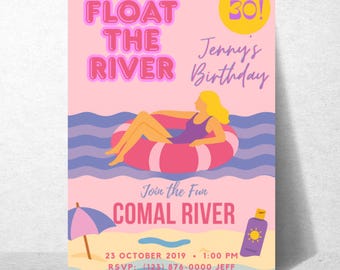 Plantilla editable de invitación para fiesta "Flota en el río", digital, para cumpleaños, DIY, Canva