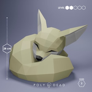May include: A beige papercraft model of a curled up fox, measuring 28 inches in length. The model is labeled "POLY DEAD" and has a difficulty level of 5. It takes 2 hours to assemble.