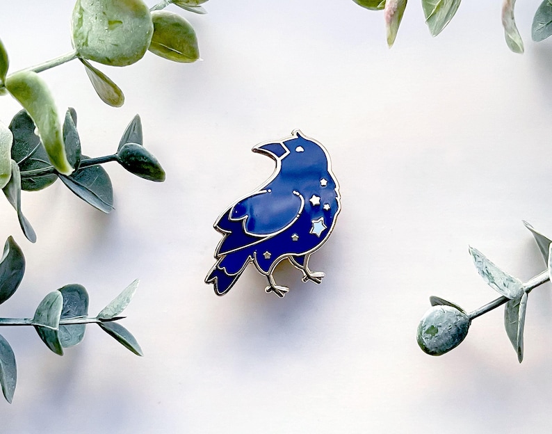 May include: A blue raven enamel pin with a silver outline and star details. The pin is set against a white background with green foliage.