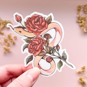 Pegatina de vinilo transparente de serpiente y rosas rojas