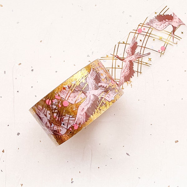 Cinta PET transparente con lámina dorada de grullas de corona roja