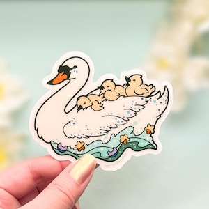 白鳥と子ガメのかわいい母船の透明ビニールステッカー