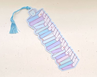 Winter Blue Stack of Books Reading Tracker Bookmark With Blue Tassel