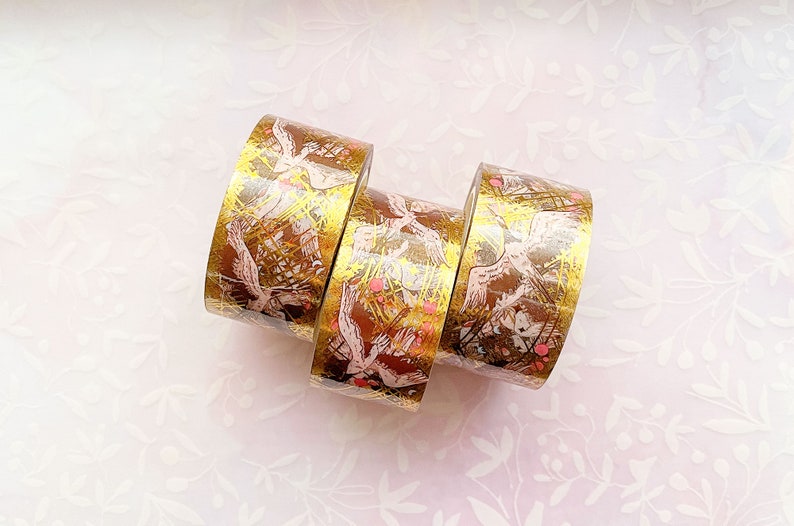 Red Crowned Cranes Gold Foil Clear PET Tape image 2