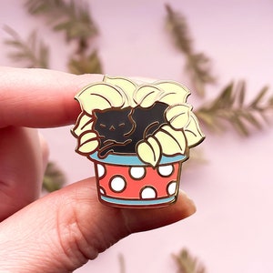 Black Cat Lying on House Plant Cute Enamel Pin