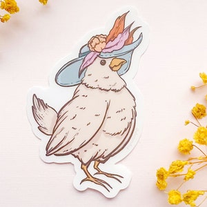 Autocollant en vinyle transparent Poulet portant un chapeau fantaisie