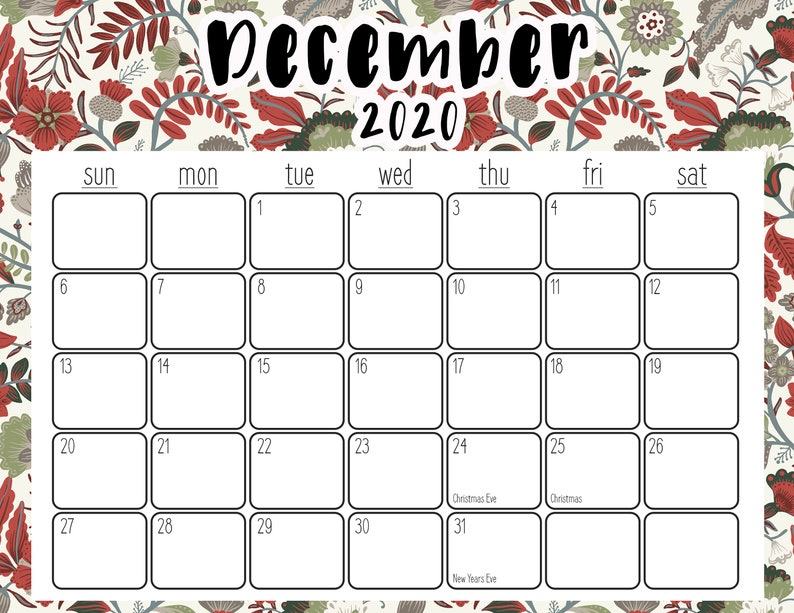 December 2020 Printable Calendar Holiday Pattern | Etsy