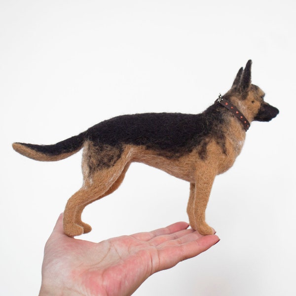 German Shepherd felted copy for memory gift. Wool dog statue.