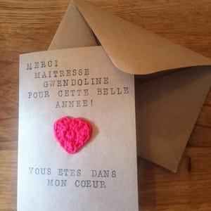 Carte "Merci Maîtresse" personnalisable – cœur au crochet fait main – Cadeau de fin d’année scolaire