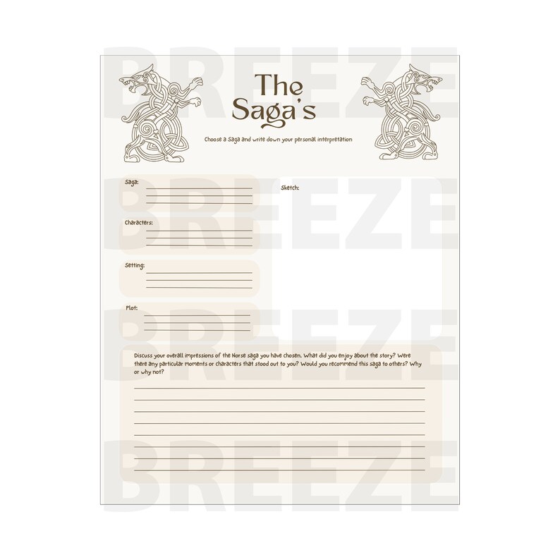 Puede incluir: Una hoja de trabajo beige imprimible titulada "The Saga's" con ilustraciones de lobos de estilo vikingo. La hoja de trabajo incluye secciones para Saga, Personajes, Escenario, Trama y una indicaci&oacute;n de discusi&oacute;n. El texto es marr&oacute;n.