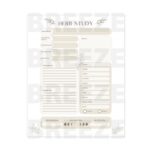 Puede incluir: Una hoja de estudio de hierbas imprimible en beige y blanco con el t&iacute;tulo "HERB STUDY". La hoja incluye secciones para el nombre de la hierba, el nombre bot&aacute;nico, el simbolismo, los usos medicinales y m&aacute;s. Elementos florales decorativos est&aacute;n presentes.
