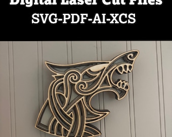 File di taglio laser a strati di lupo Fenrir / Mitologia norrena SVG, AI, PDF, X-Tool / Design in compensato multistrato con testa di lupo vichingo per taglio laser