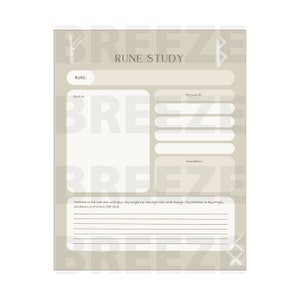 Puede incluir: Una p&aacute;gina de diario beige de Rune Study con el t&iacute;tulo en la parte superior. La p&aacute;gina incluye secciones para runas, bocetos, palabras clave y asociaciones, con un espacio para notas en la parte inferior. La palabra "BREEZE" est&aacute; en marca de agua en la p&aacute;gina.
