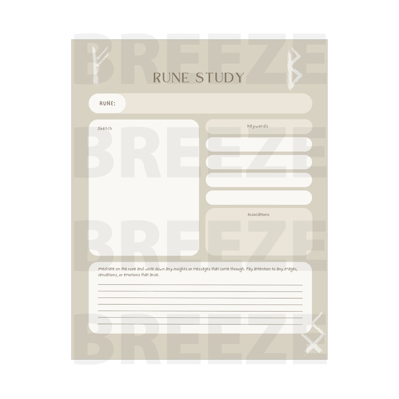 Puede incluir: Una p&aacute;gina de diario beige de Rune Study con el t&iacute;tulo en la parte superior. La p&aacute;gina incluye secciones para runas, bocetos, palabras clave y asociaciones, con un espacio para notas en la parte inferior. La palabra "BREEZE" est&aacute; en marca de agua en la p&aacute;gina.