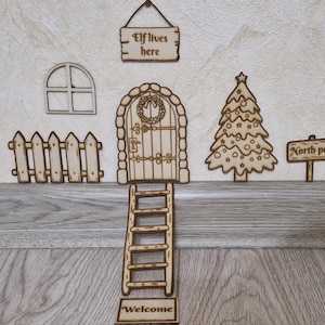 Kit de puerta de elfo con escalera y accesorios: configuración de pared extraíble para elfo en el estante: decoración de elfo navideño