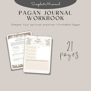 Puede incluir: Un cuaderno de trabajo de diario pagano digital con el texto "PAGAN JOURNAL WORKBOOK" y "Deepen Your spiritual practice | Printable Pages". El cuaderno de trabajo incluye 21 p&aacute;ginas y presenta dos p&aacute;ginas abiertas con texto e ilustraciones.